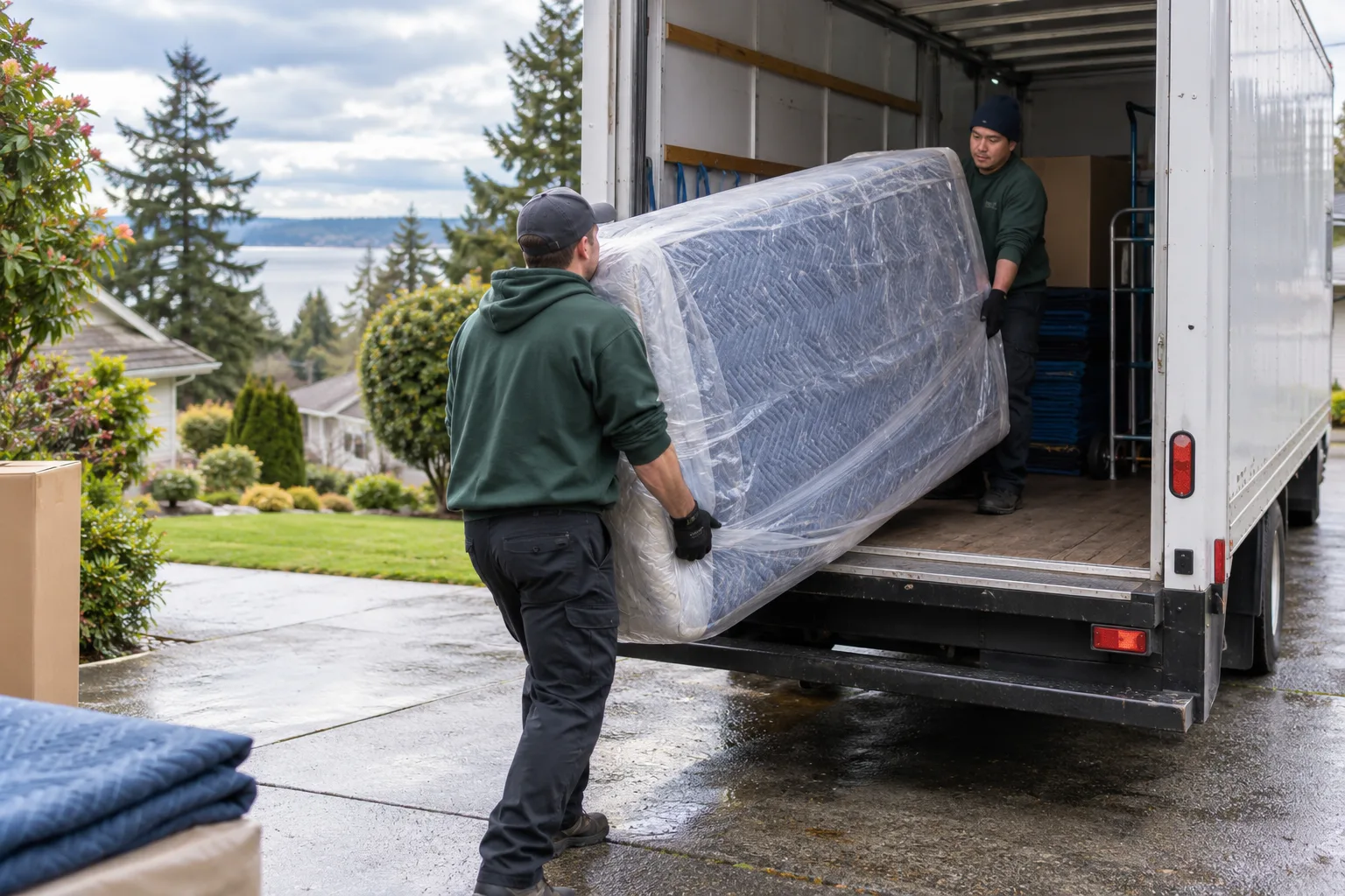 Movers loading a wrapped mattress into a truck